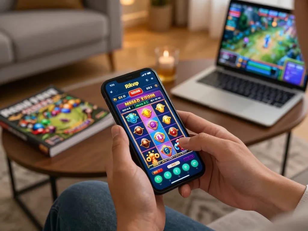 Player enjoying rikvip slot game on a mobile device in a cozy living room setting