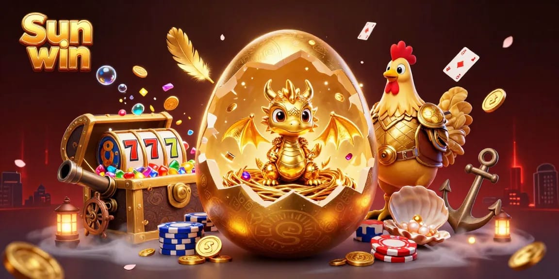 Experience the thrill of gaming at Sun win with a dazzling golden dragon and poker chips.