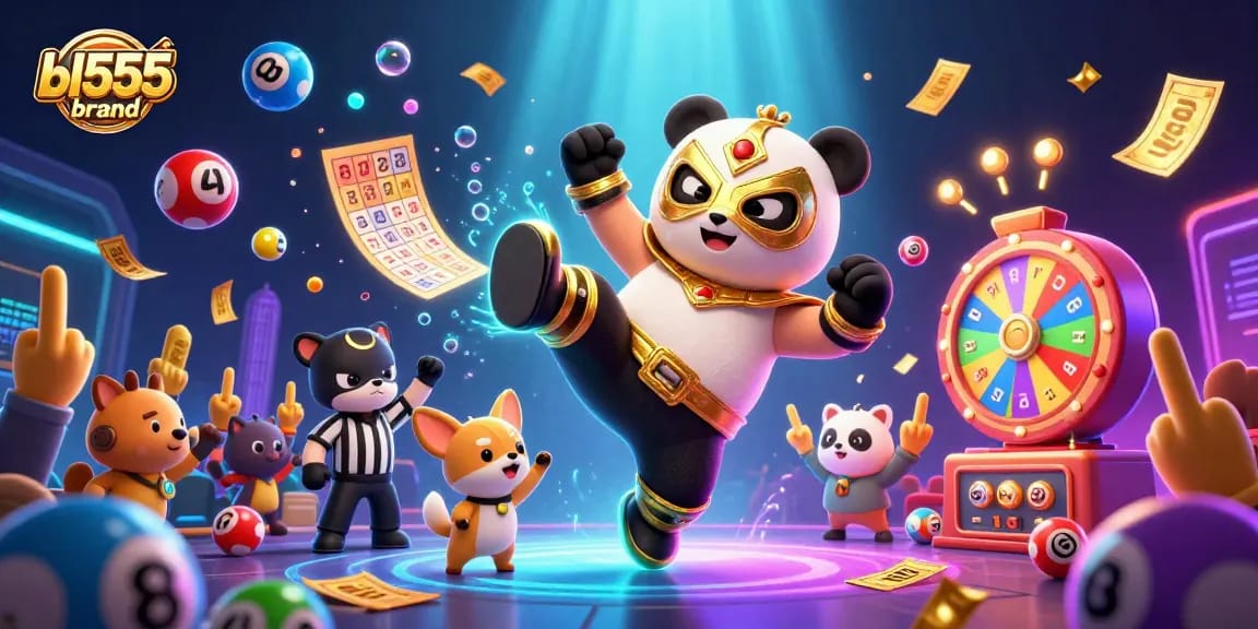 Engaging scene of bl555brand promoting exciting gambling fun with dynamic characters and vibrant lottery elements.