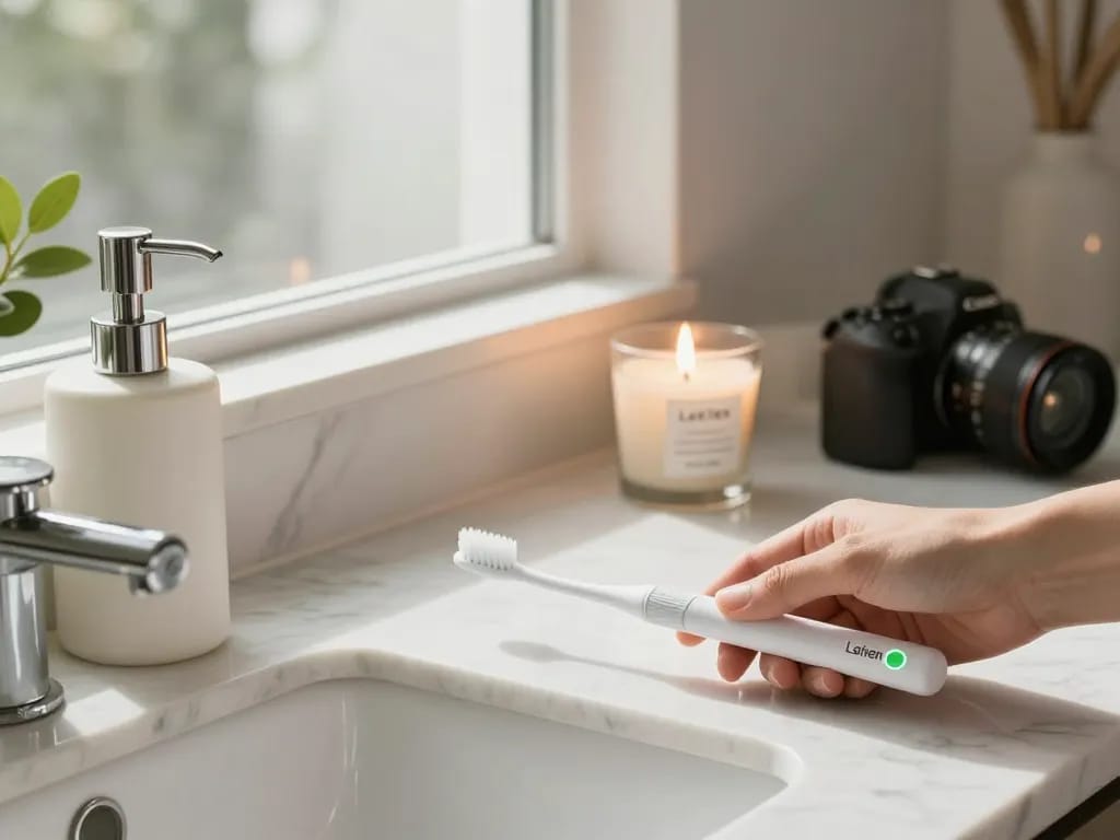 Laifen Zahnbürste elegant auf einer Marmorarbeitsplatte positioniert, hebt modernes Design und moderne Badezimmeraccessoires hervor.