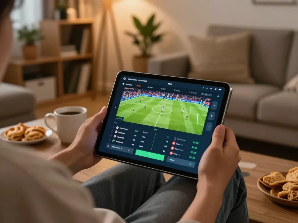 Engaging in soi kèo nhà cái through a tablet at home during an online sports betting session.