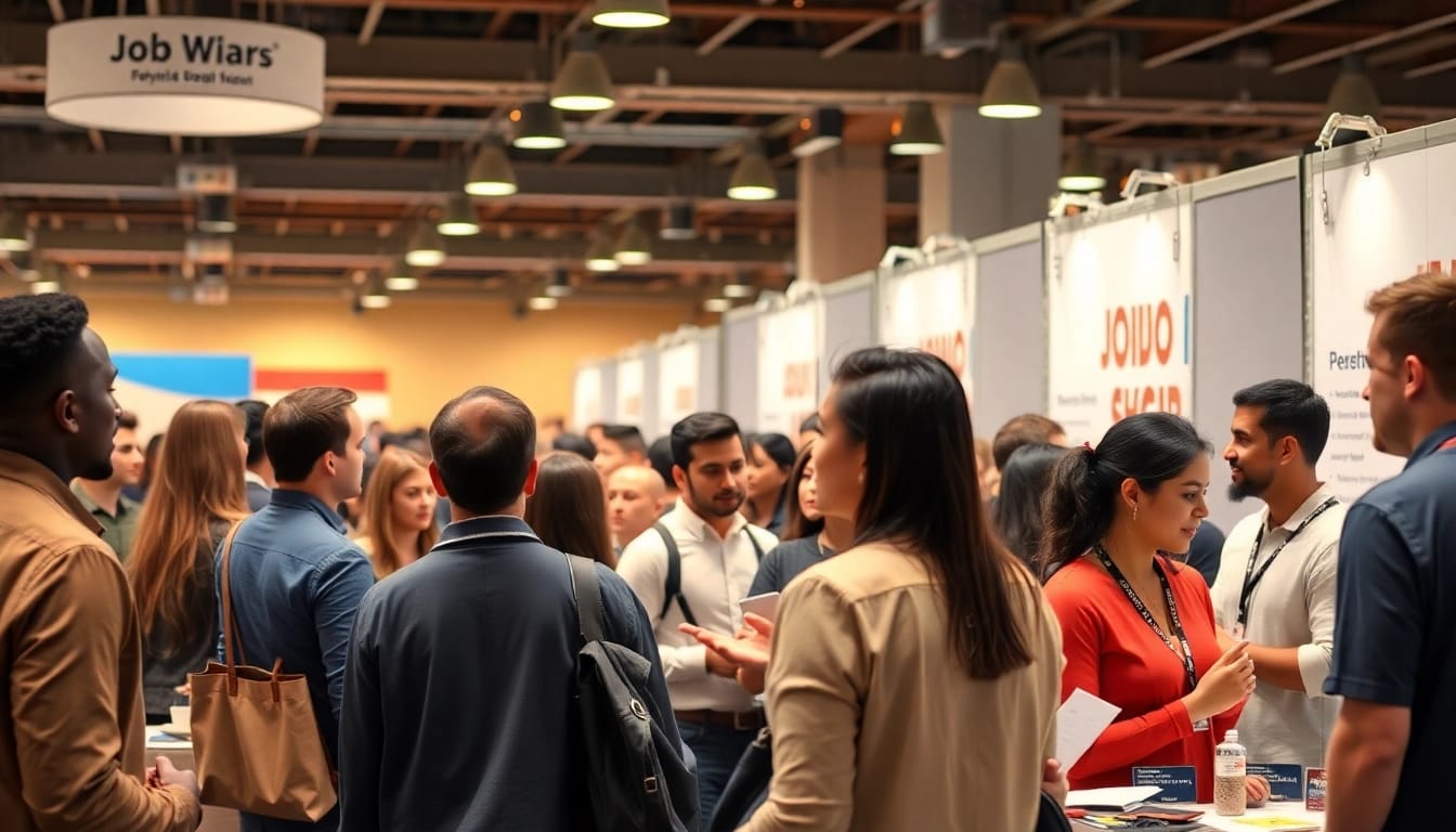 Engaged candidates explore Stellenangebote at a vibrant job fair, showcasing networking opportunities.
