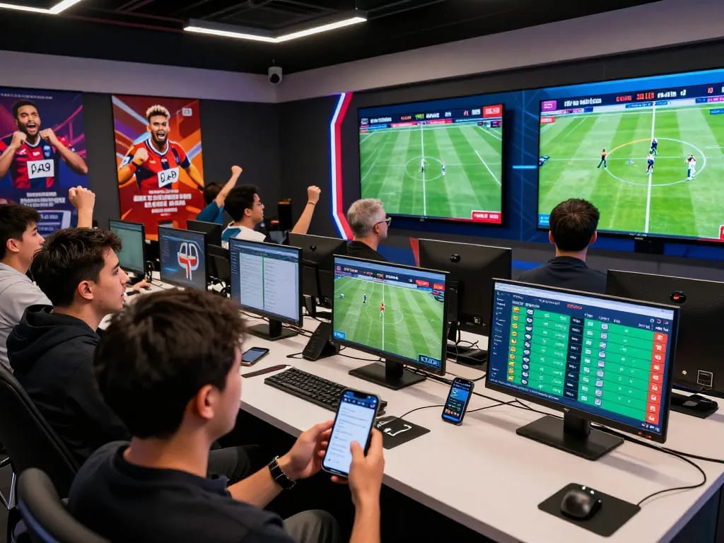 Enthusiastic bettors at Kèo Nhà Cái engaging with live football odds on smartphones and screens.