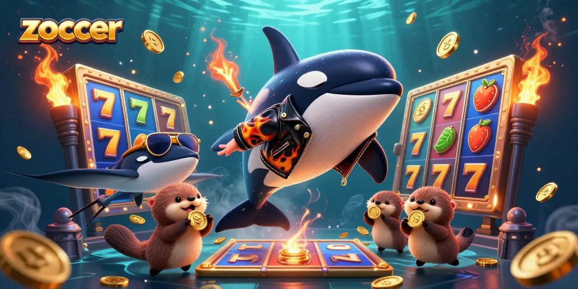 Zoccer whales jump for jackpot excitement in a luxurious casino scene filled with colorful slot reels and coins.