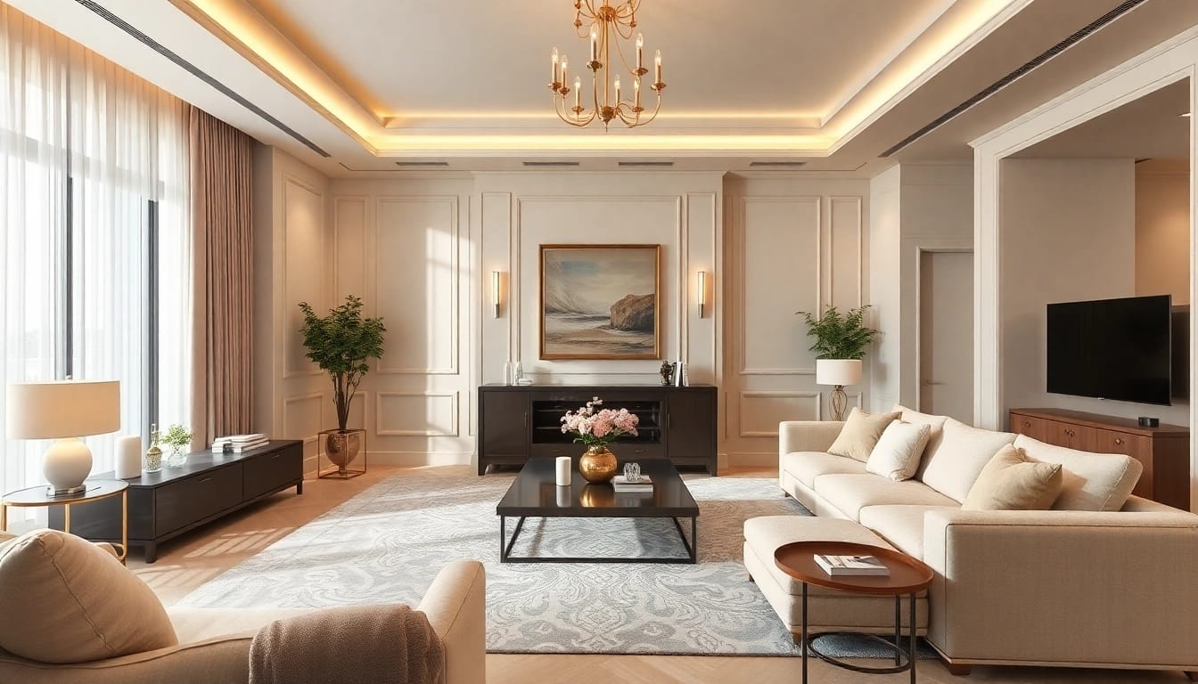 Luxury living room featuring modern decor, comfortable furnishings, and elegant lighting for an inviting atmosphere.