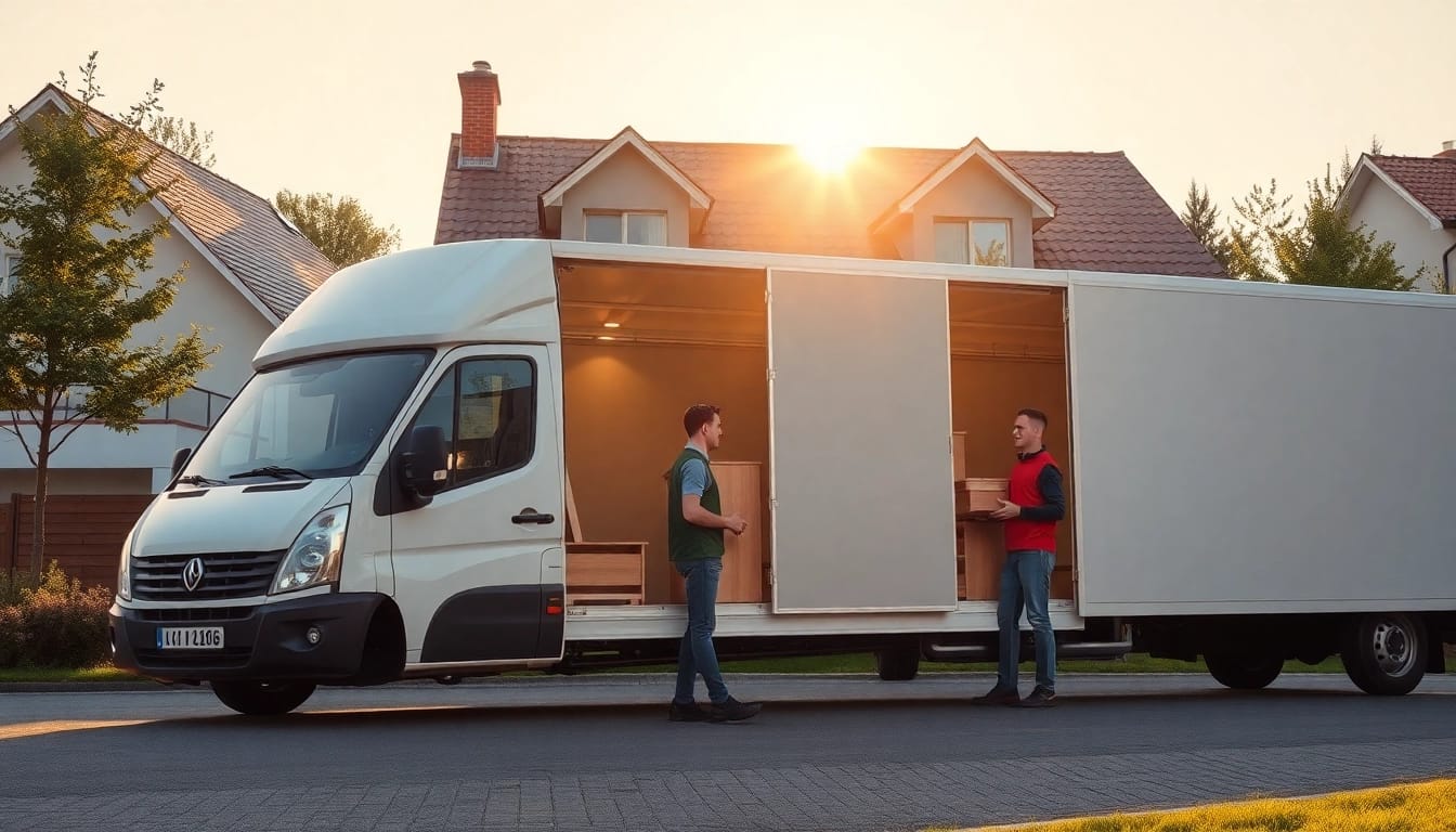 Umzugsunternehmen Saarbrücken: Professionelles Team transportiert Möbel vor frisch renoviertem Haus.