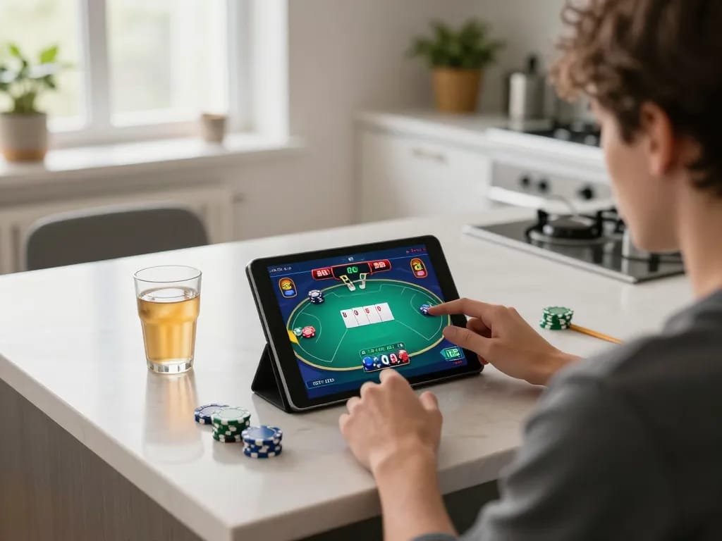 Person engaging with QQ 88 online poker game on tablet at home, showcasing vibrant gameplay.