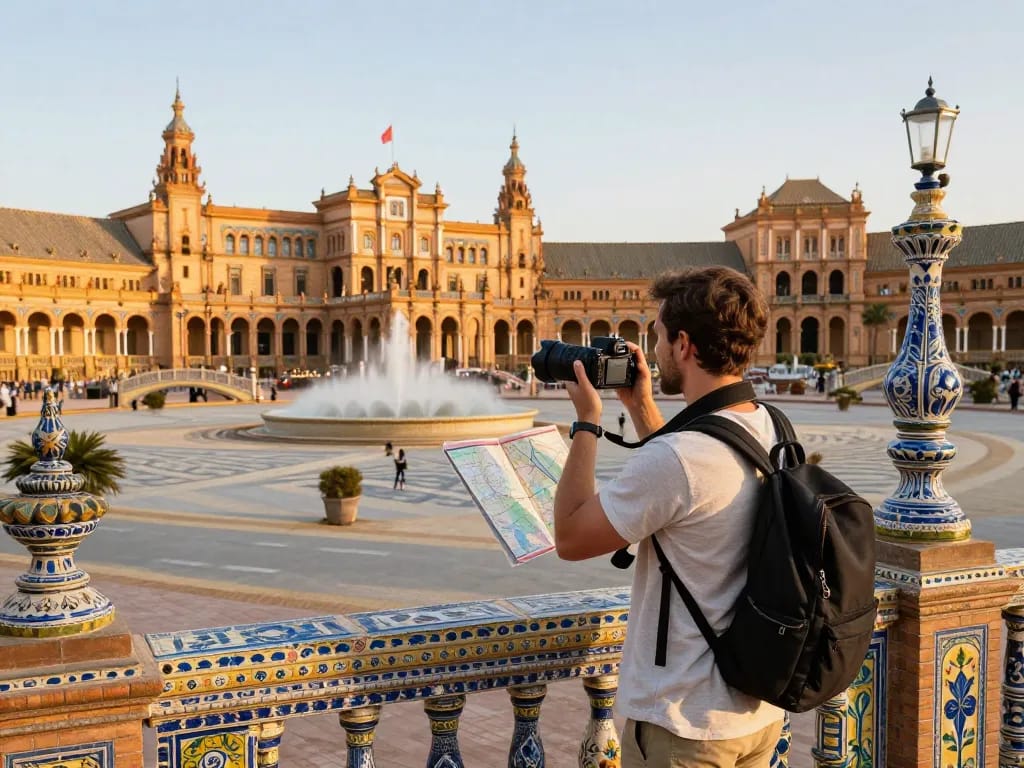 Reisetipps Sevilla - Reisender, der die atemberaubende Plaza de España im Licht der goldenen Stunde genießt und die lebendige Architektur und Atmosphäre einfängt.