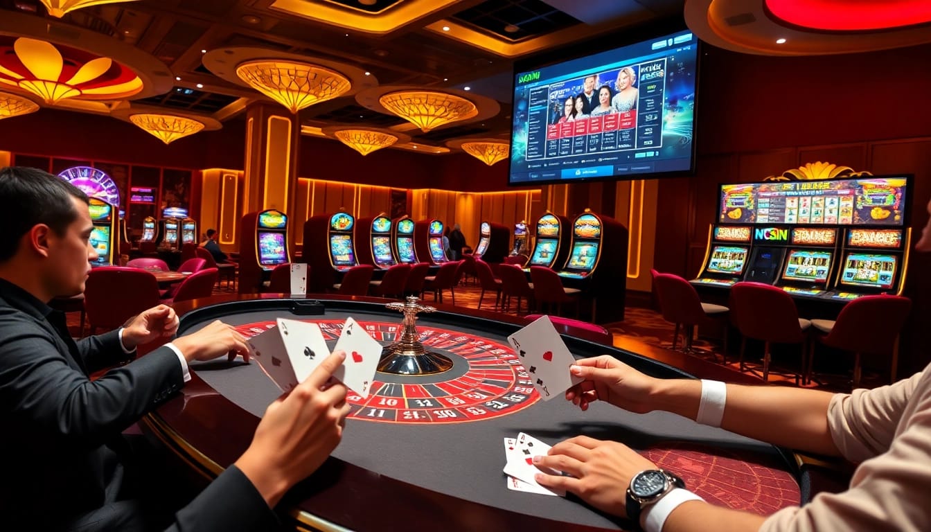 NV-Casino-Spieler setzen begeistert Wetten an einem Roulettetisch, umgeben von lebhaften Spielautomaten.