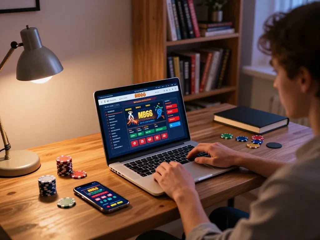 Engaging with MB66 online casino gaming on a laptop in a cozy home office.