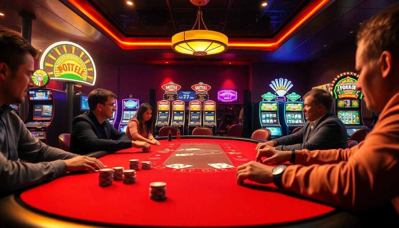 Erlebe die aufregende Atmosphäre von casino spiele.de an einem stimmungsvollen Pokertisch mit Spielern.
