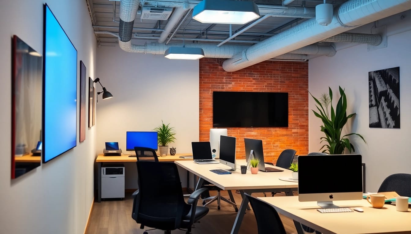 Ein kreatives Arbeitsumfeld zur Entwicklung von social-media-marketingstrategien, gezeigt mit moderner Technik und inspirierender Atmosphäre.