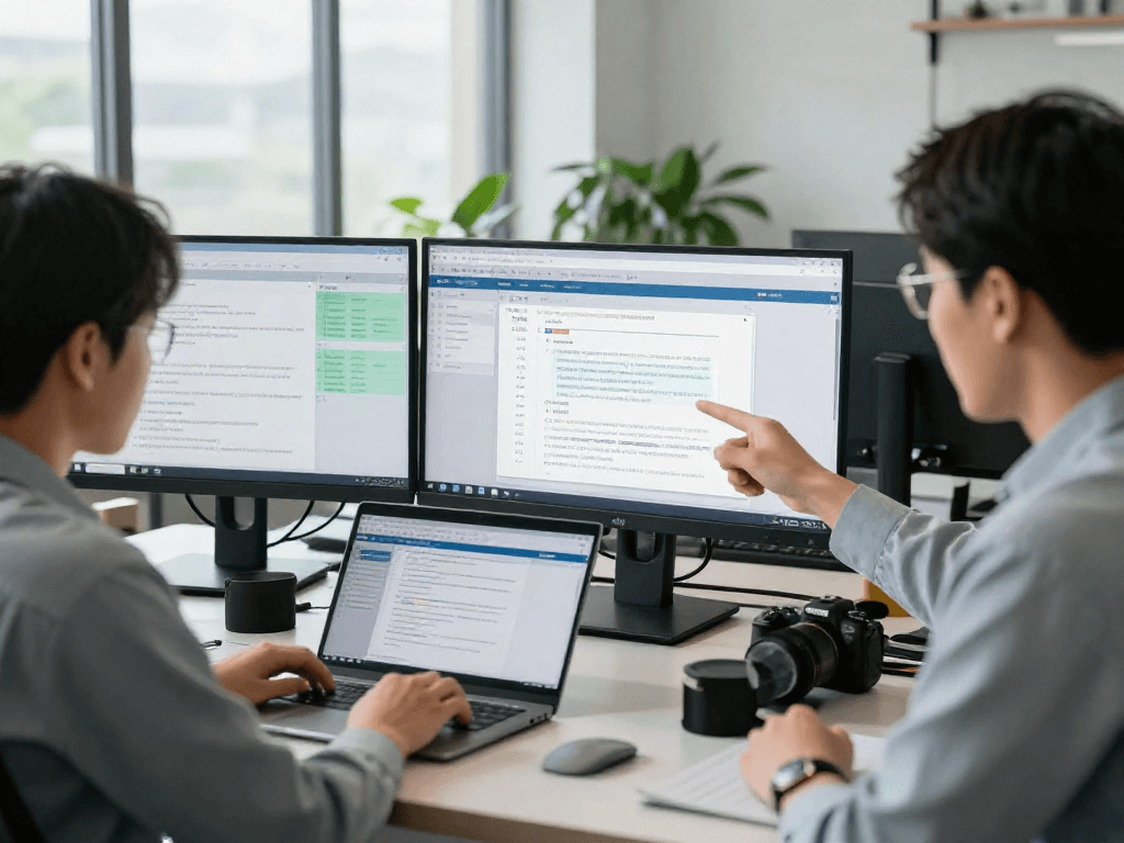 Team analyzing document fraud detection reports in a modern office environment, showcasing high-tech verification tools.