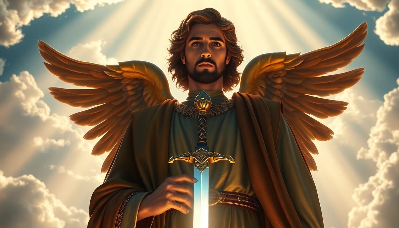 Erzengel Michael als strahlende Figur mit Schwert, umgeben von himmlischem Licht.