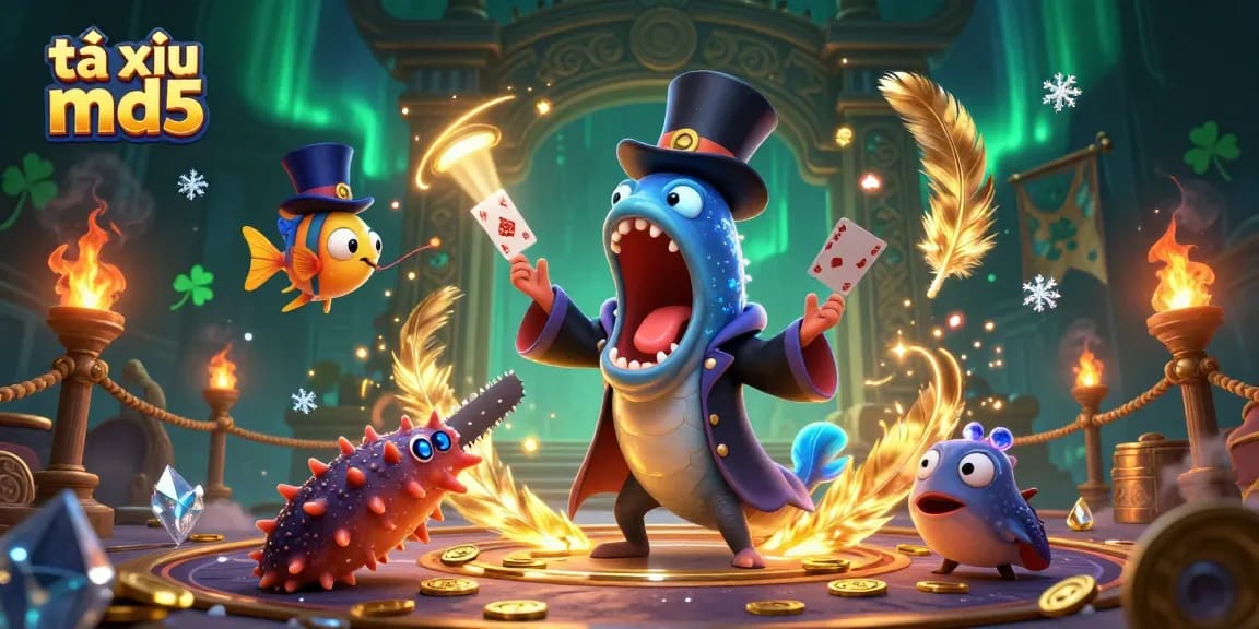 Engage in thrilling tài xỉu md5 action with vibrant characters, magical tricks, and casino elements.