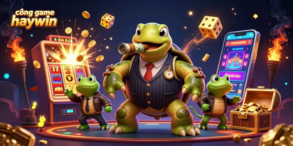 The cổng game haywin showcases a colorful 3D illustration with a snapping turtle and bullfrogs in a vibrant casino.