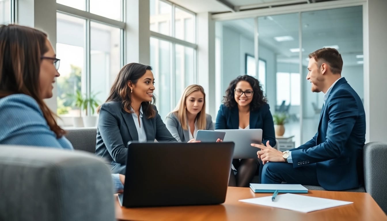 Unternehmensberatung: Diverse team collaborating strategically in a modern consulting office.