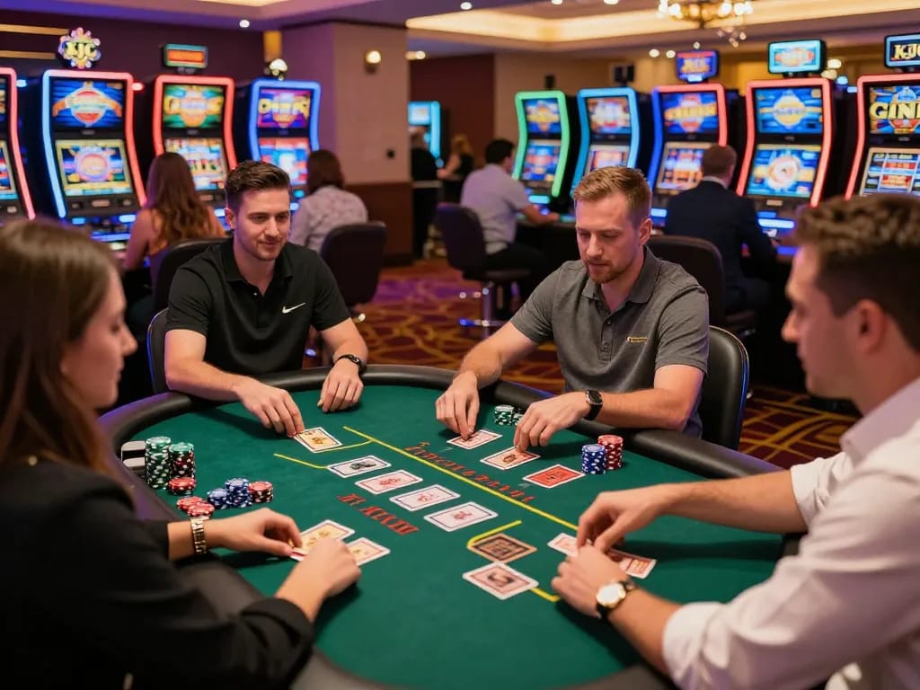 Players at KJC engaging in thrilling blackjack gameplay amidst vibrant casino lights.