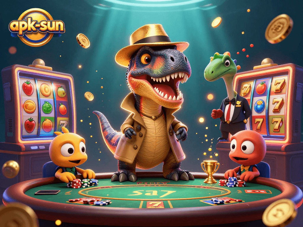 Engage with apk-sun for thrilling blackjack action featuring colorful slot reels and animated characters.