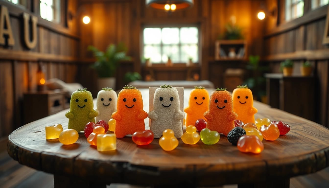 Leckere thc gummy Gummibärchen strategisch auf einem Holztisch angeordnet, um die Vielfalt und Anziehung der Produkte zu präsentieren.