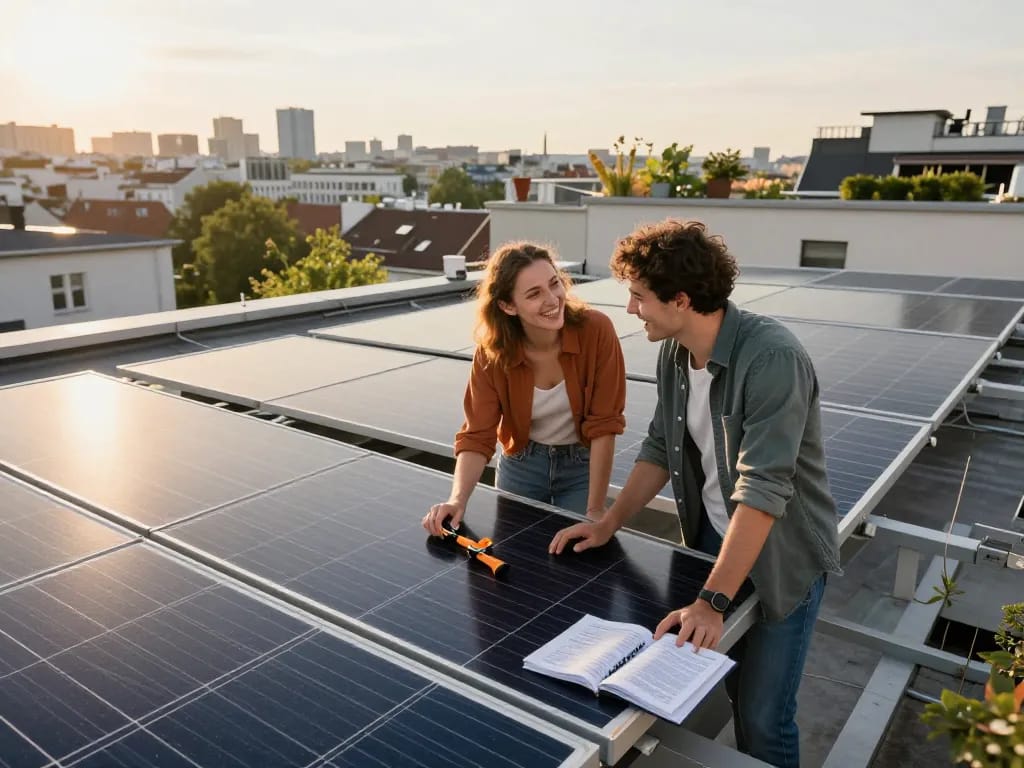 Paar, das das Photovoltaik Wien Solarenergiesystem auf einem städtischen Dach während der goldenen Stunde inspiziert.