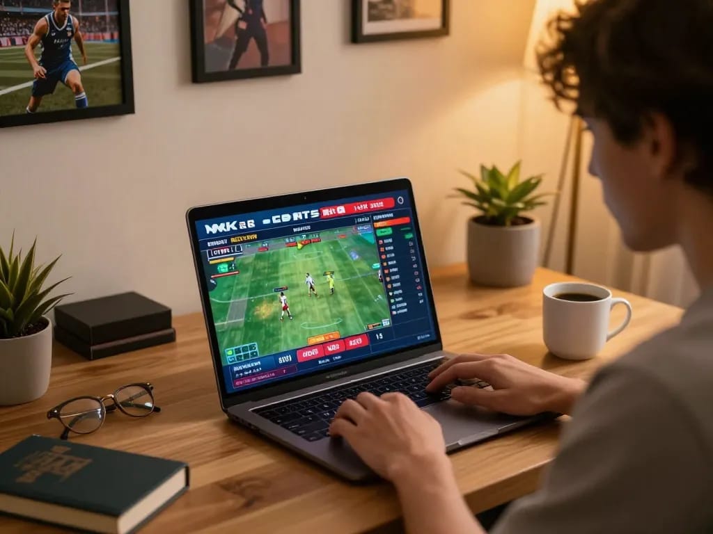 Engaging in MK8 sports betting from a modern home office setup, focusing on live odds on screen