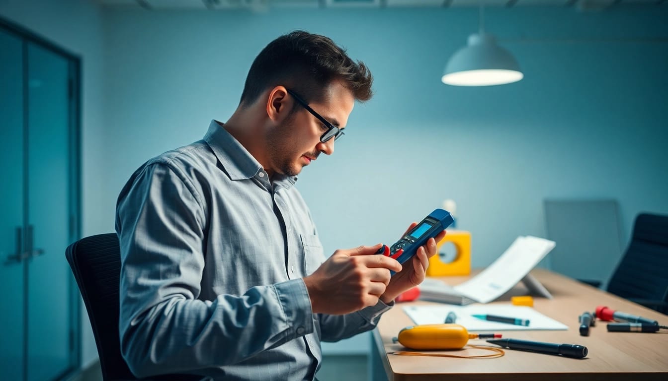 Techniker führt einen check für die Prüfung elektrischer Geräte im Büro durch.