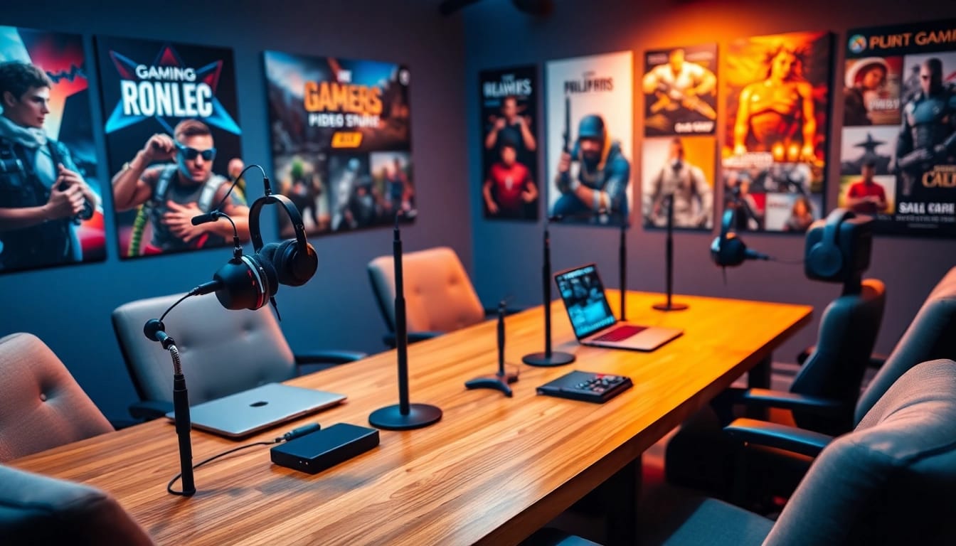 Gaming Podcast recording setup showcasing vibrant equipment in a cozy studio atmosphere.