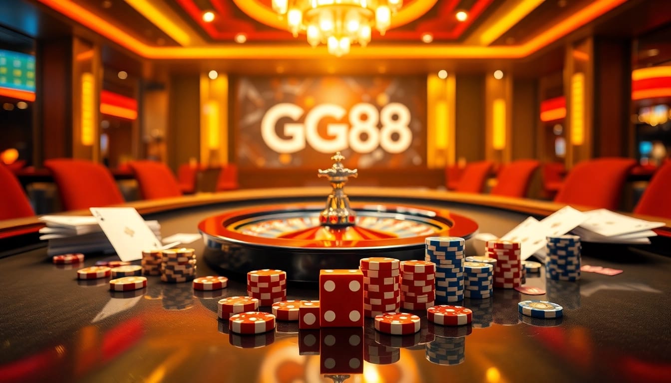 Exciting GG88 casino scene with vibrant roulette wheels, poker chips, and ambient lighting.