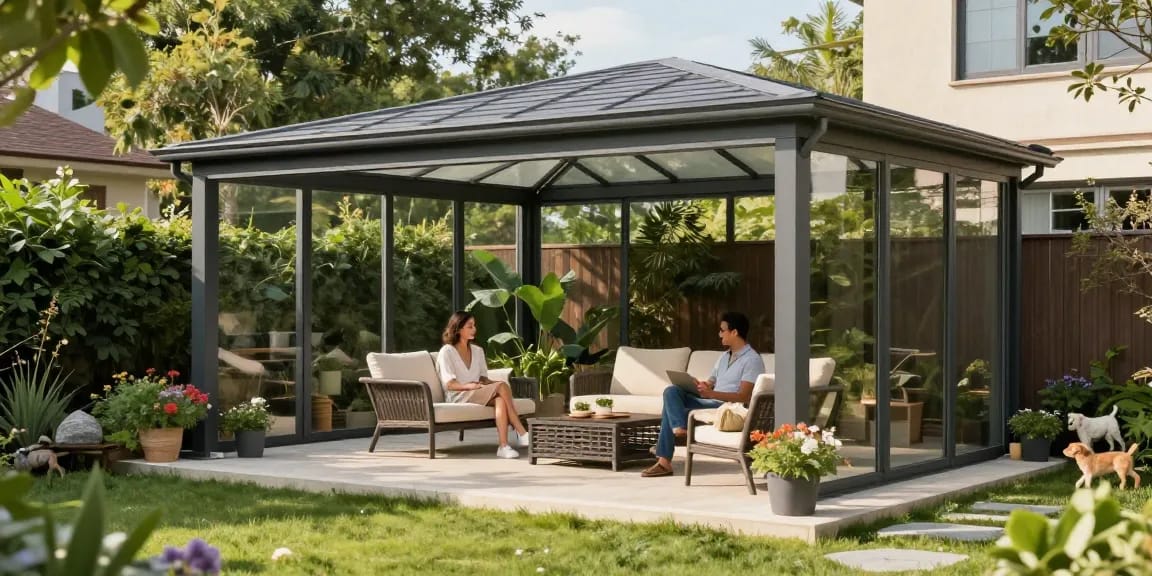 Freistehende Terrassenüberdachung im Garten mit entspannendem Umfeld
