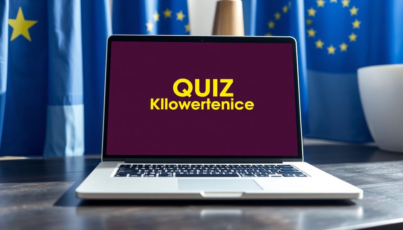 Wissen über die EU testen mit interaktiver Quizoberfläche auf einem Laptop.