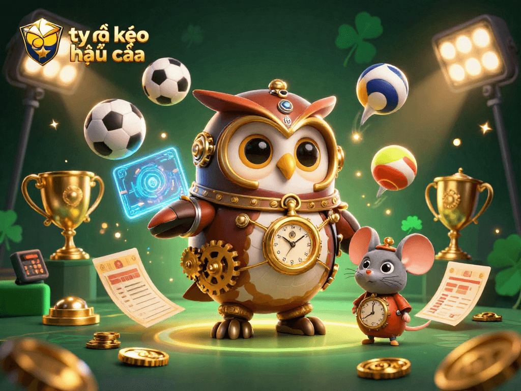 Experience the world of tỷ lệ kèo nhà cái with a vibrant 3D illustration featuring sports and casino elements.
