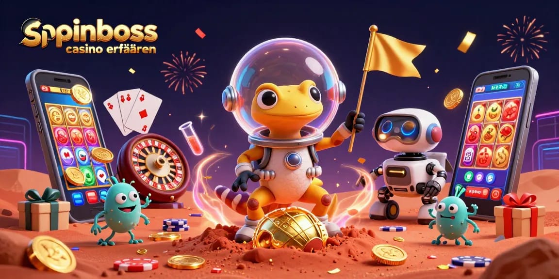 Spinboss Casino Erfahrungen: 3D Illustration mit einem Marsgecko, der ein goldenes Casino entdeckt.