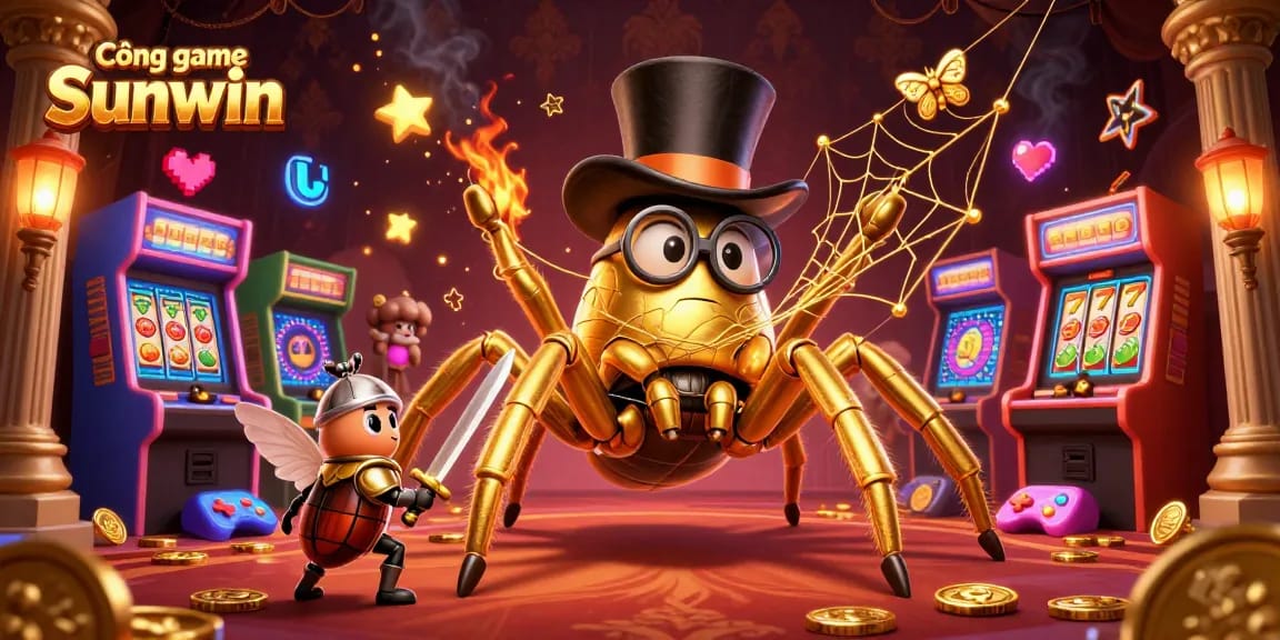Cổng game Sunwin showcases a vibrant 3D illustration of a golden tarantula and beetle knight in a casino.
