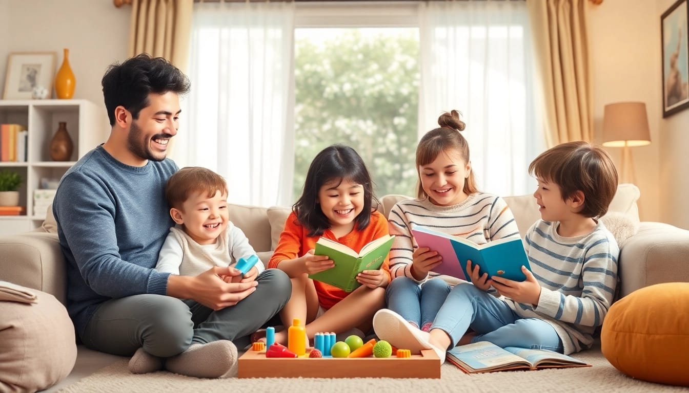 Ein liebevolles Familienbild, das die positive Seite der Kindererziehung zeigt, mit Spielsachen und einer warmen Atmosphäre.