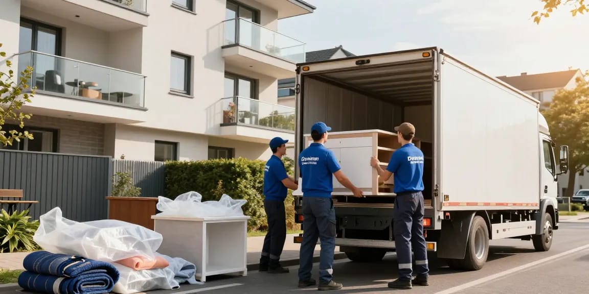 Umzugsunternehmen Darmstadt – professionelle Umzugshelfer laden Möbel sicher auf einen Truck in einer dynamischen Stadtlandschaft.