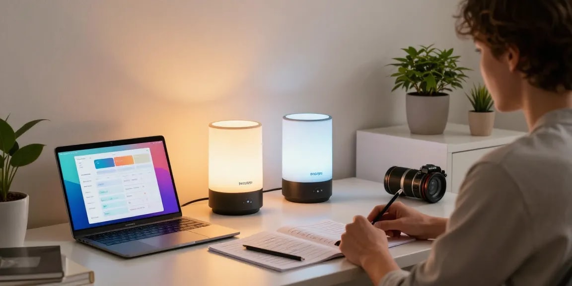 Comparing Nanoleaf Lines vs Philips Hue in a modern tech workspace.