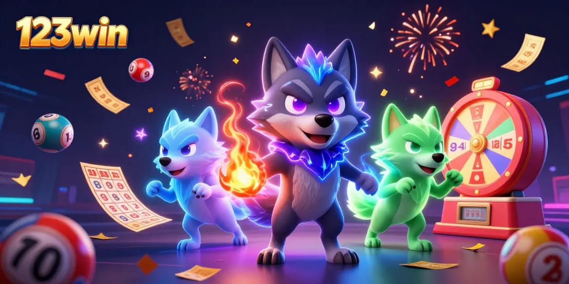 Experience thrilling games with 123win's immersive 3D illustration featuring exciting gaming elements.