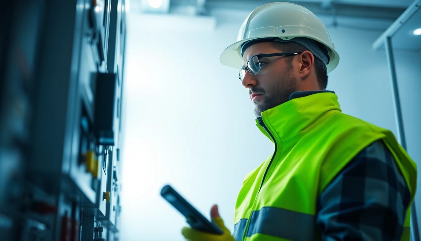 Electrician performing a DGUV V3 Prüfung on electrical equipment using specialized tools.