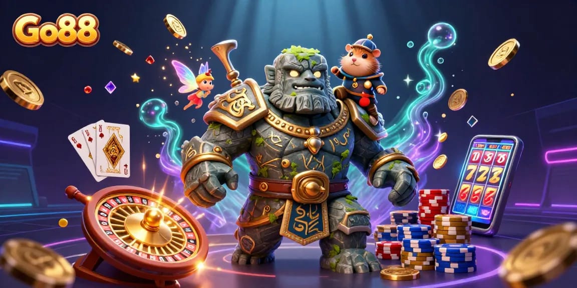 Spin the reels and enjoy the excitement of Go88, featuring vibrant 3D characters and casino elements.