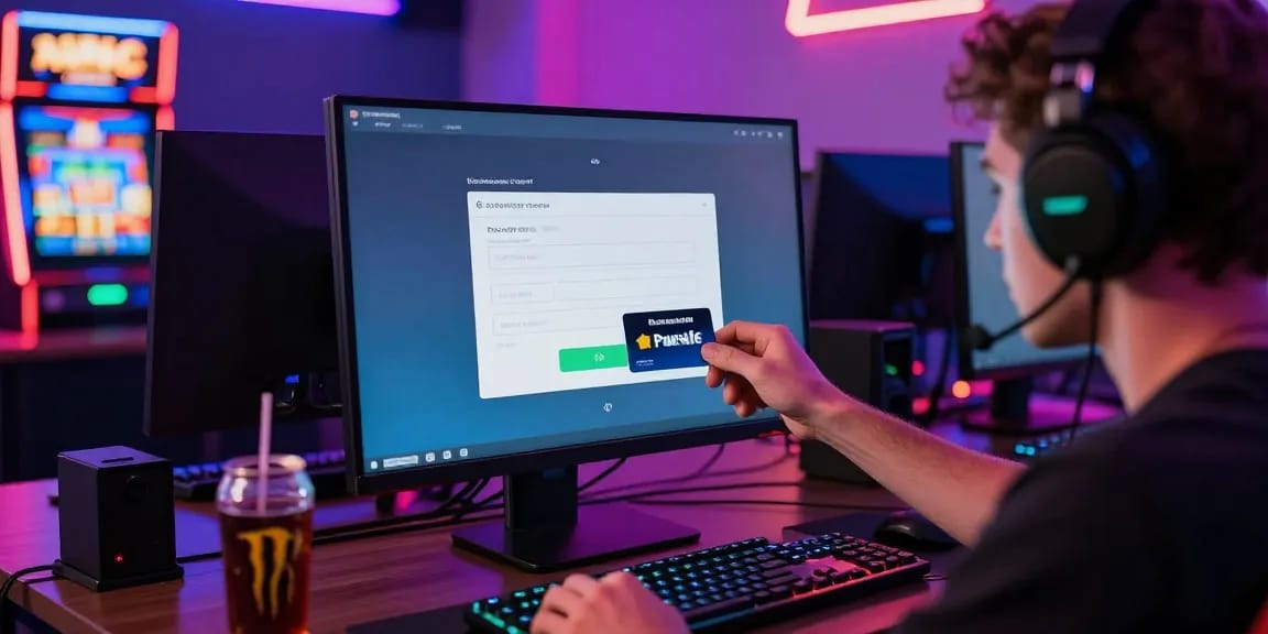 Spieler, der ein Paysafe-Karten-Casino-Erlebnis genießt, mit einer lebhaften Spielatmosphäre, Neonlichtern und einer digitalen Zahlungsoberfläche.