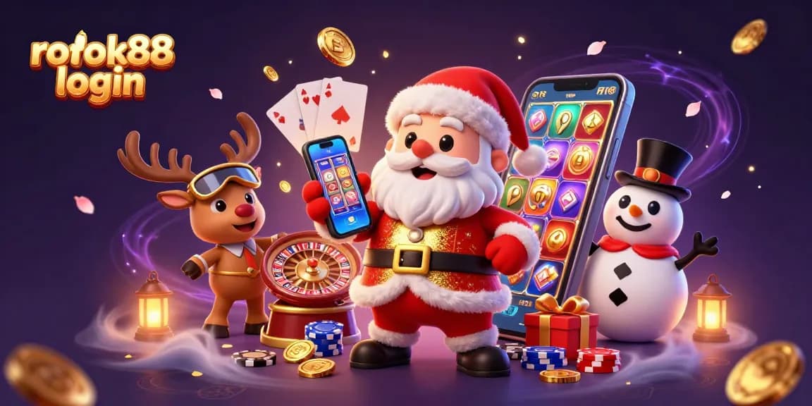 Experience rokok88 login in this vibrant casino scene featuring Santa and friends with engaging gaming elements.