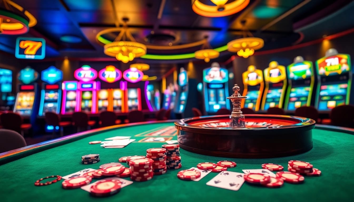 Experience the thrill of high-stakes gambling at a luxurious casino featuring 7m slot machines and professional game tables.