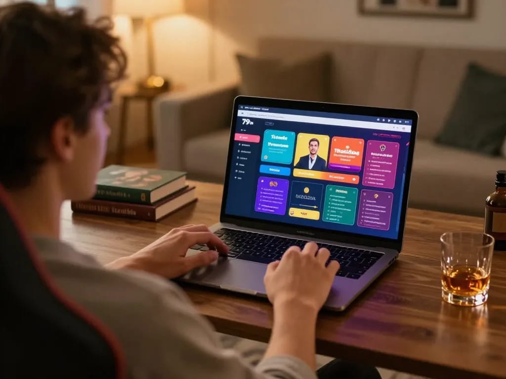 Player engaging with 79sodoe's gaming platform on laptop in a cozy setup.