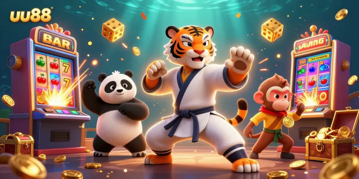 Experience thrilling gameplay at uu88 with a kung fu tiger and panda in a vibrant casino scene.