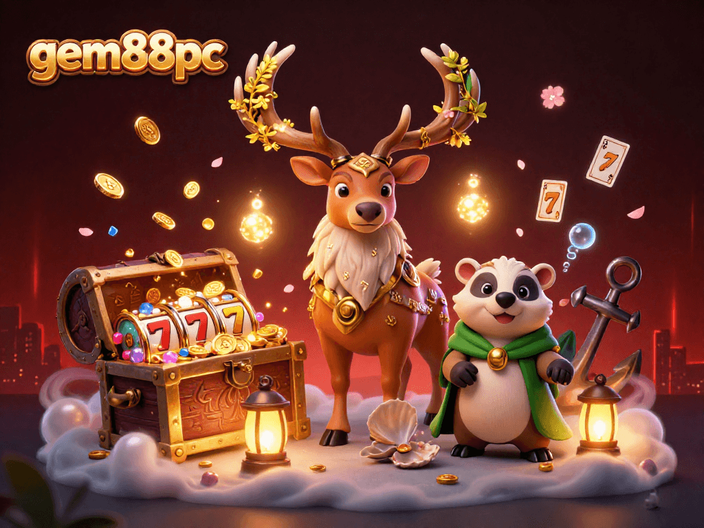 Engage with gem88pc in a thrilling slot experience featuring the druid stag and badger enriched with gold coins and vibrant gaming elements.