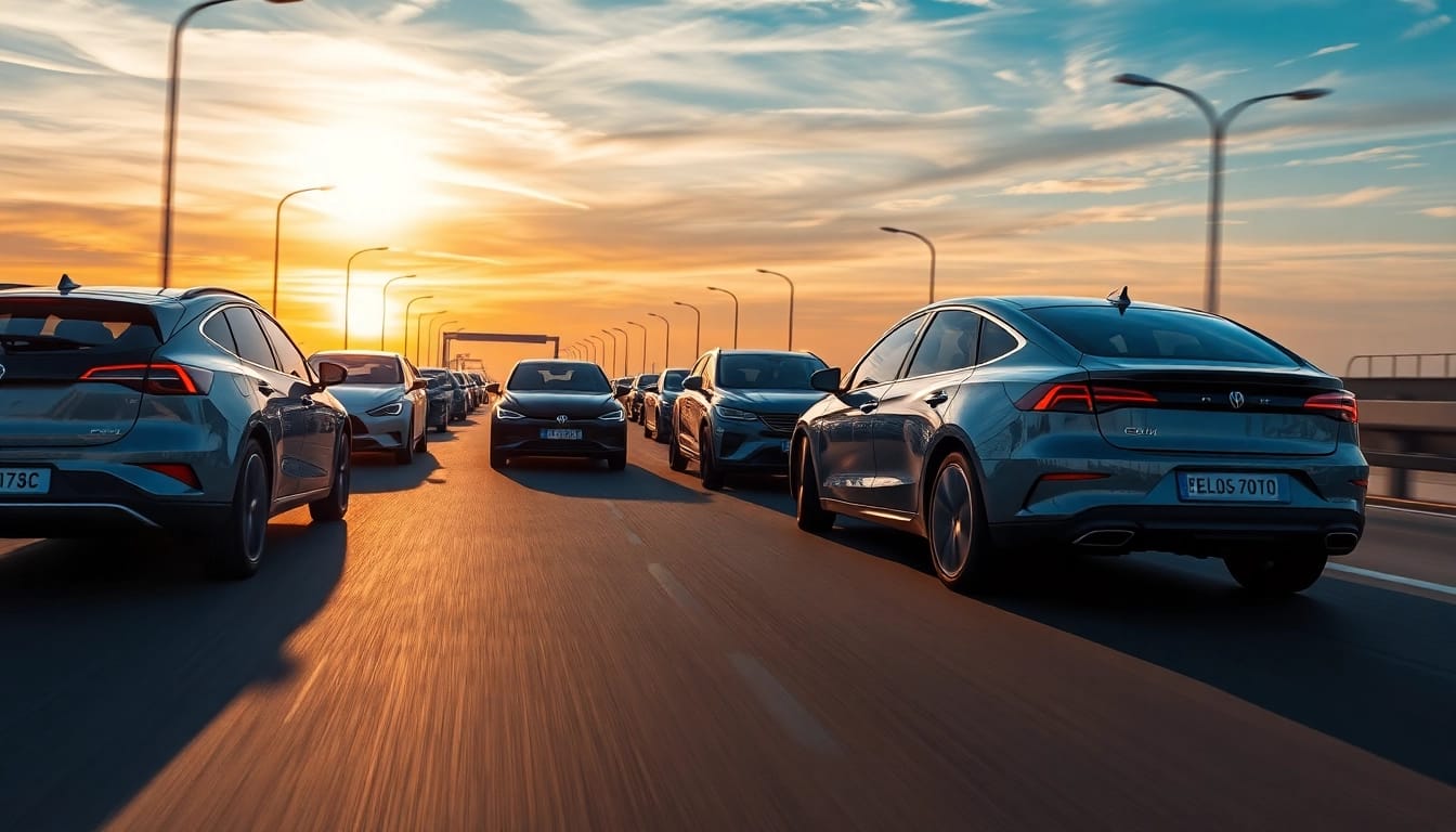 Elektroautos auf einer dynamischen Autobahn bei Sonnenaufgang unterwegs.