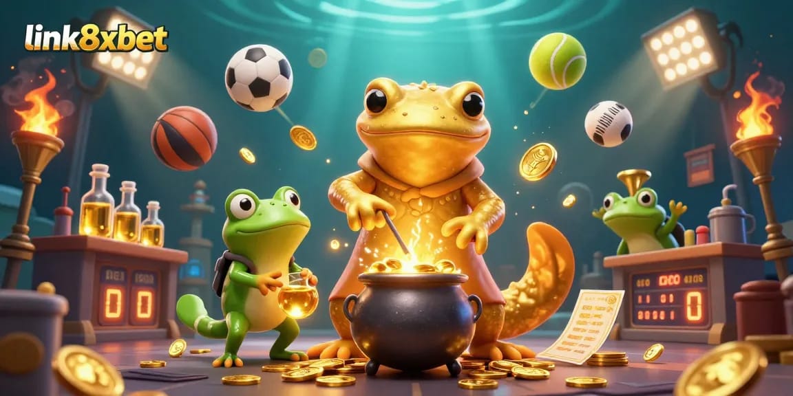Betting on link8xbet with a golden salamander alchemist in a lively 3D casino scene.