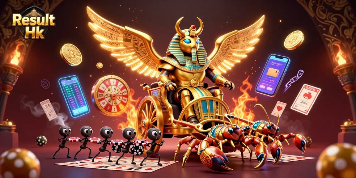 Engage with Result Hk through a vibrant 3D digital illustration showcasing a colossal golden scarab and lottery elements.