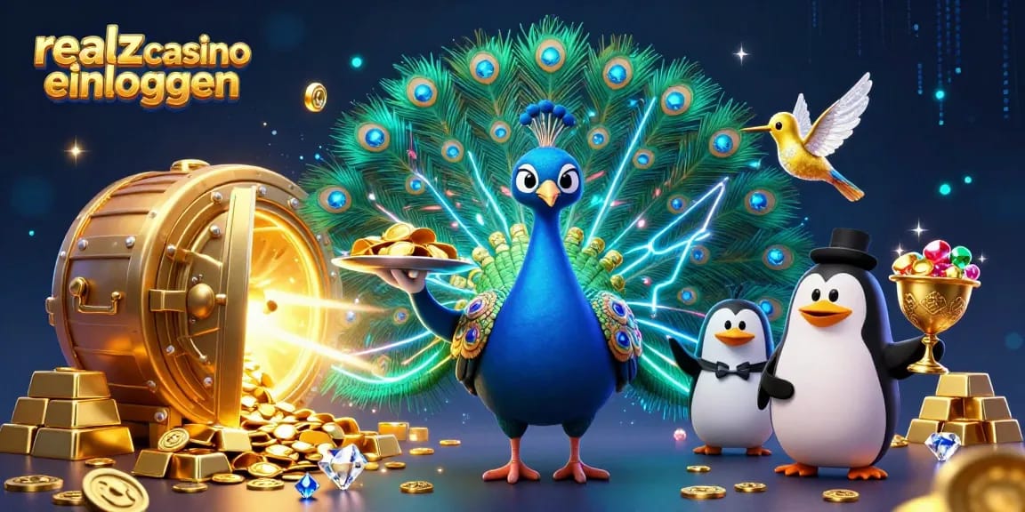 Realz Casino einloggen zeigt einen aristokratischen Pfau mit Glücksspiel-Elementen, goldenen Chips und mehr.